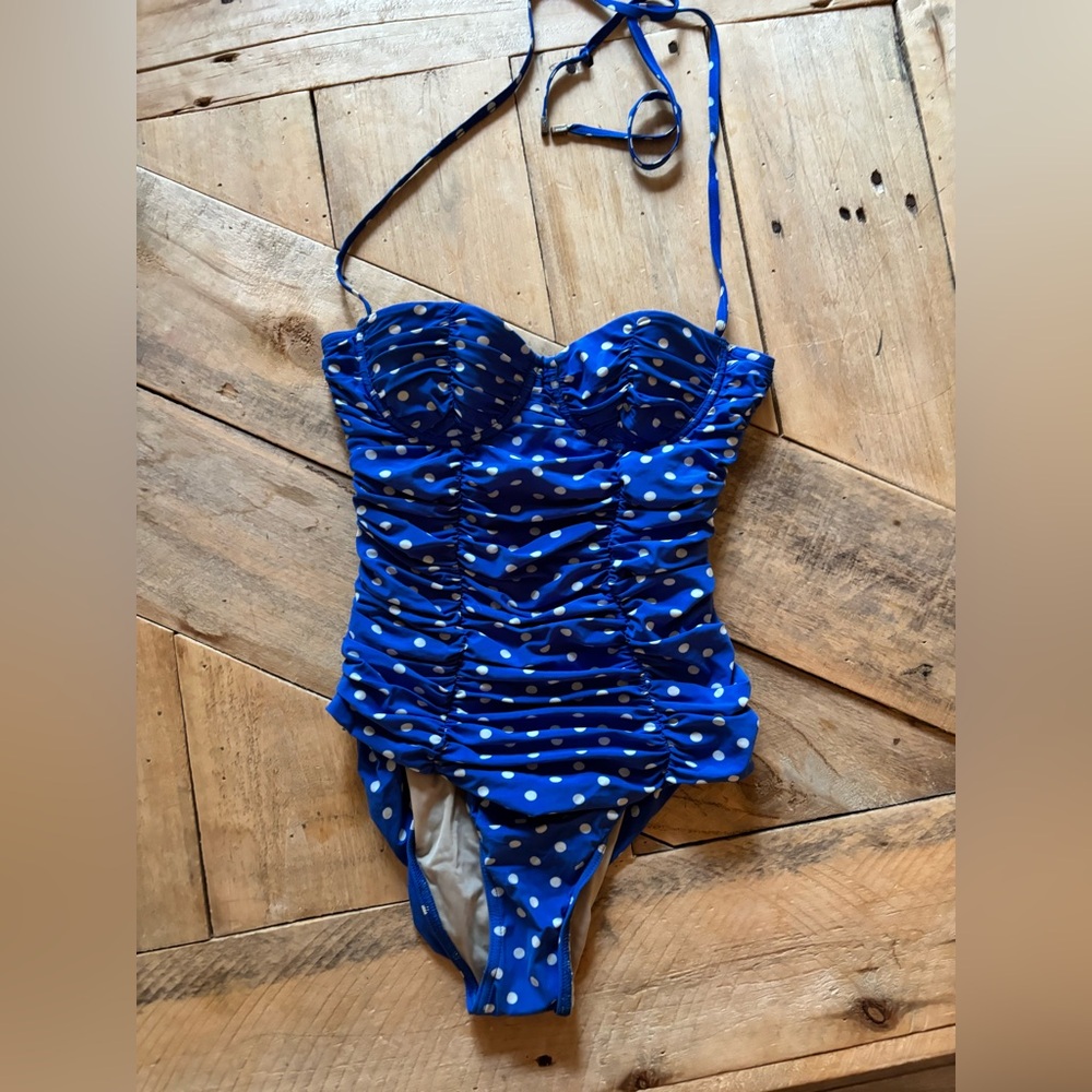 Tomas Maier polka dotted and blue one piece balconette top bathing suit